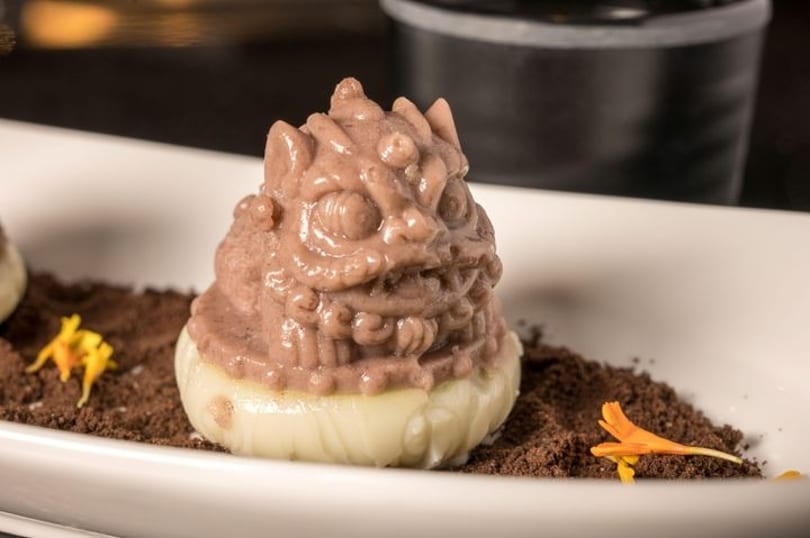 A dessert shaped like a mythical creature, with a brown top and white base, on chocolate crumbs.